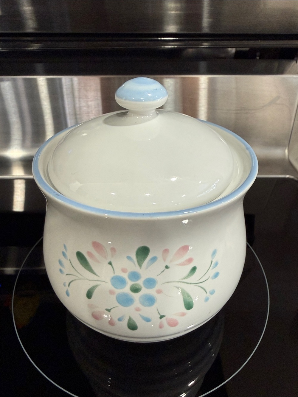 Vintage Japan White Ceramic  Sugar Jar with Pastel Floral Pattern and Blue Trim
